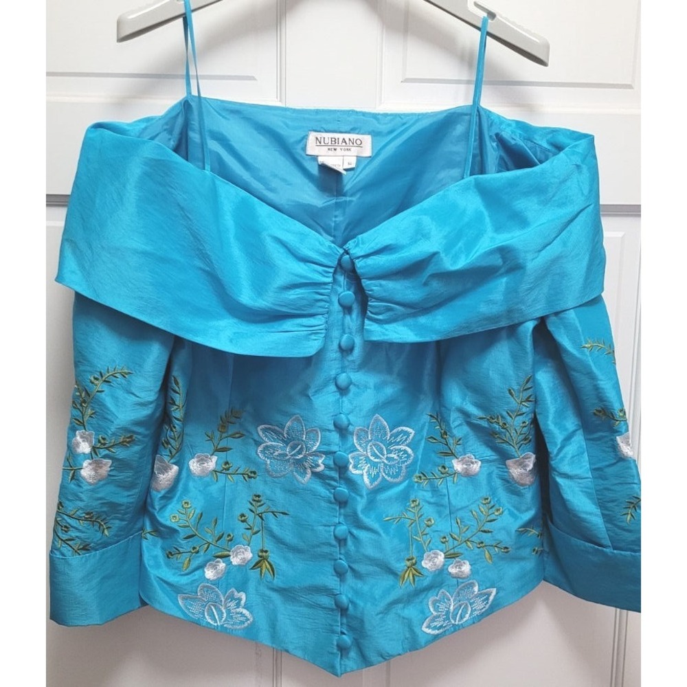 Nubiano NY Women's Blue Taffeta Floral Embroidered Wide Shoulder Blazer - Sz 16